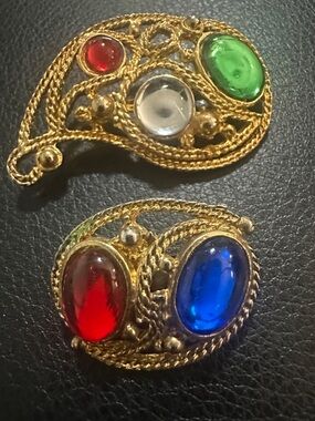 Gold-Tone Multi-Color Glass Cabochon Brooch Set - Red, Blue, Green
